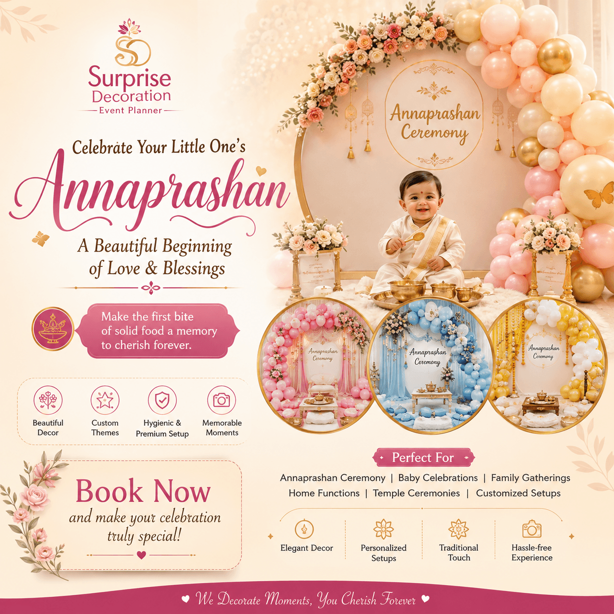 Celebrate your little one’s special Annaprashan ceremony with a beautiful and memorable decoration by Surprise Decoration! 👶✨